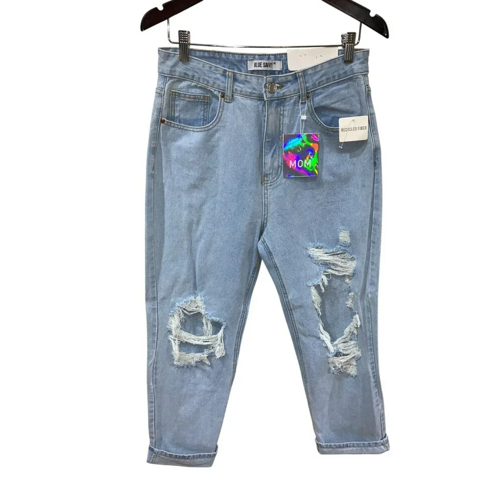 Blue Savvy Womens Distressed High-Waisted Mom Jeans Recycled Fiber Light Wash Si